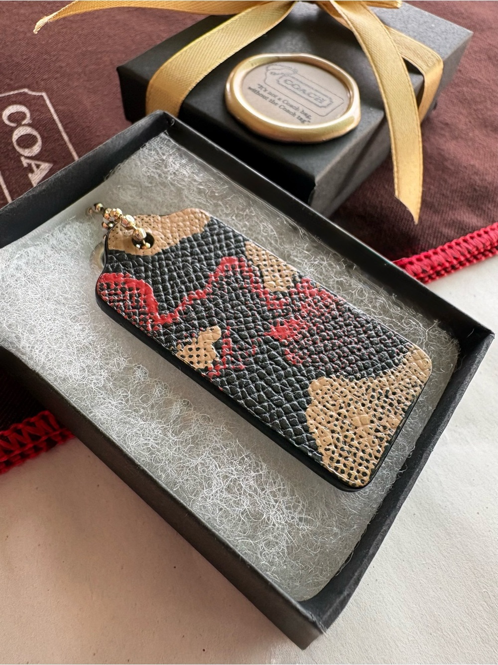 Ltd Ed 2.5” Coach Black & Red Exotic Snake Leather Hang Tag Bag Charm